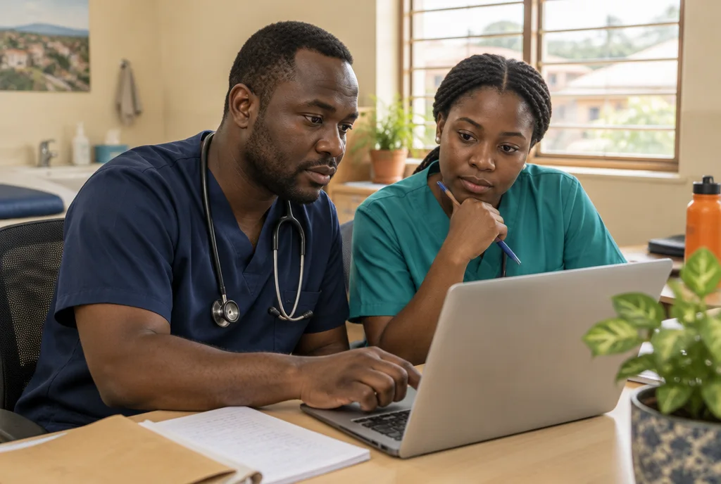 Doctor and nurse in scrubs reviewing notes on a laptop at a clinic desk.