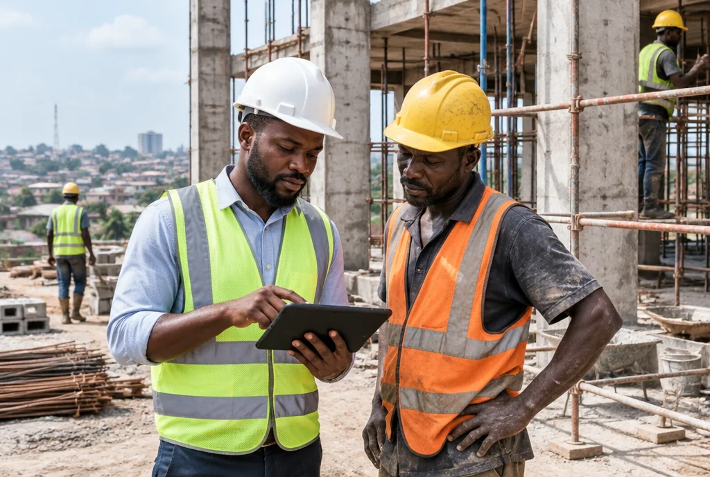 Site engineer in a hard hat checking a tablet with a foreman on a building site.