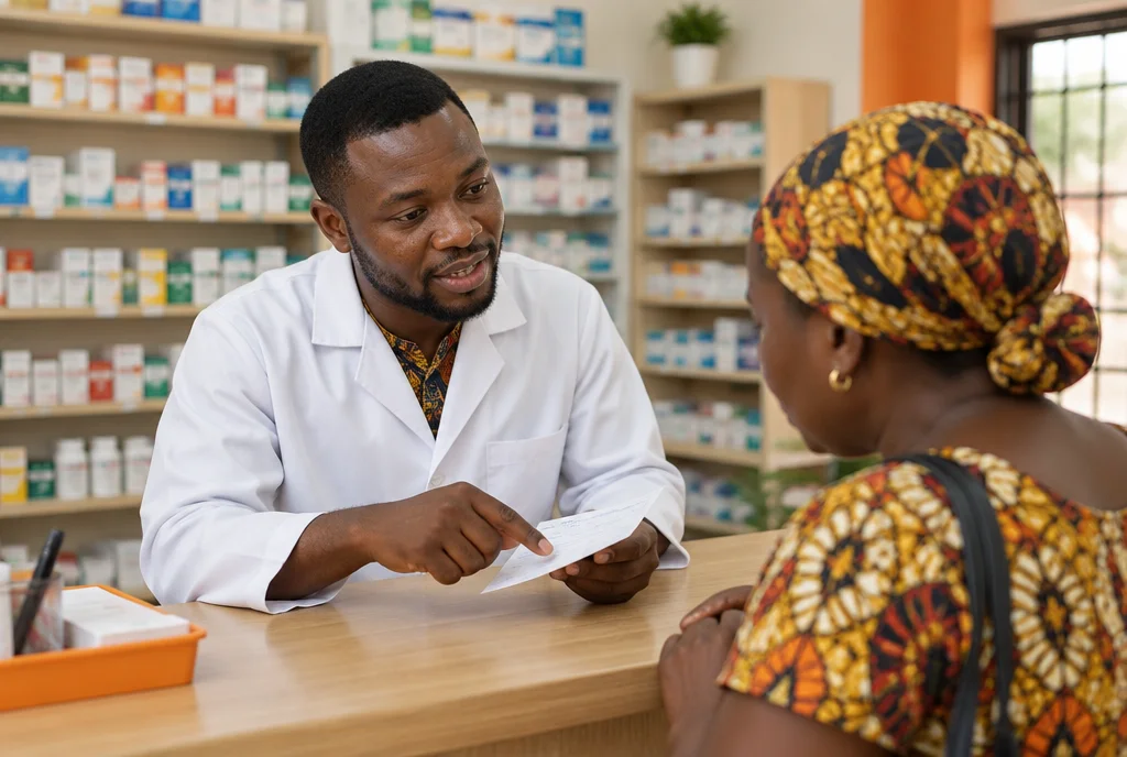 Pharmacist in a white coat advising a customer at a pharmacy counter.