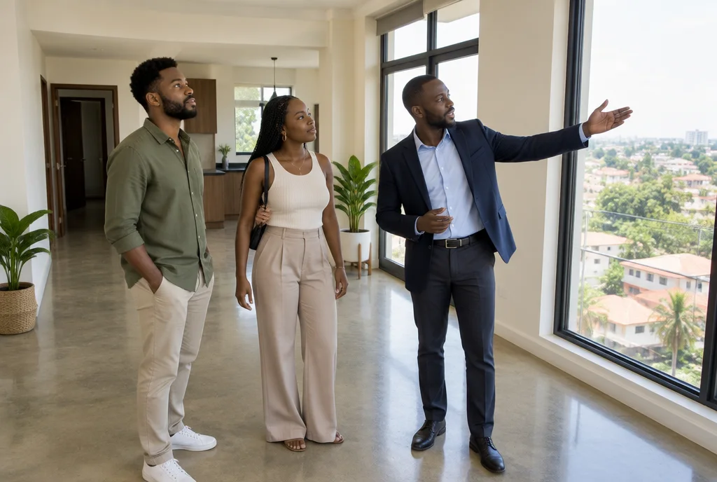 Estate agent showing a couple around a bright apartment.