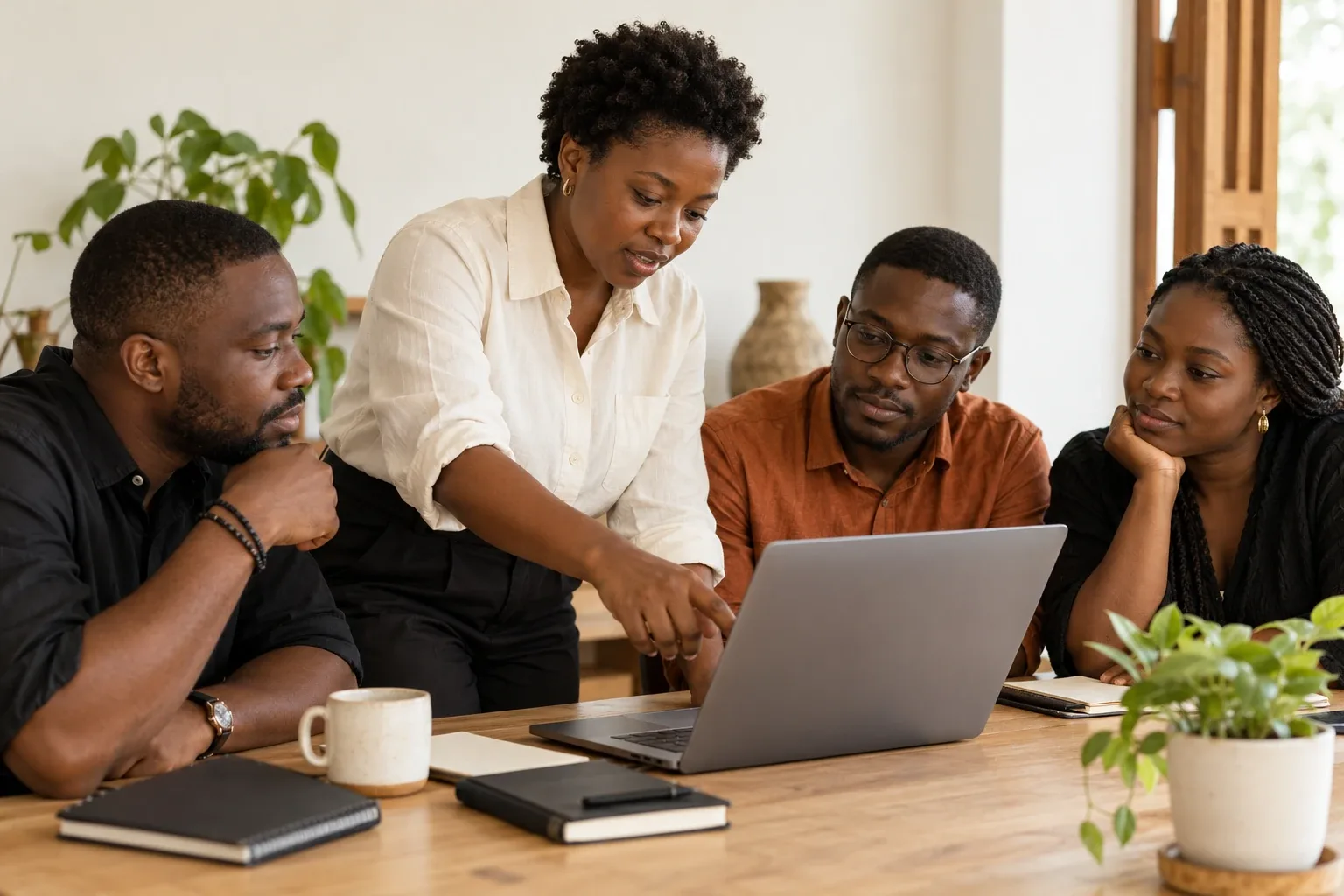 Black Ghanaian trainer guiding three Black colleagues through a laptop workflow.